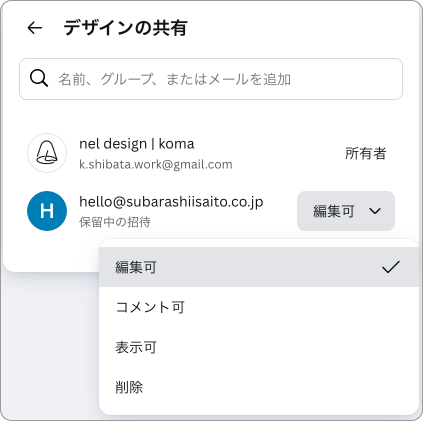 「アクセスできるメンバーとして追加」後の権限変更とメンバーの削除