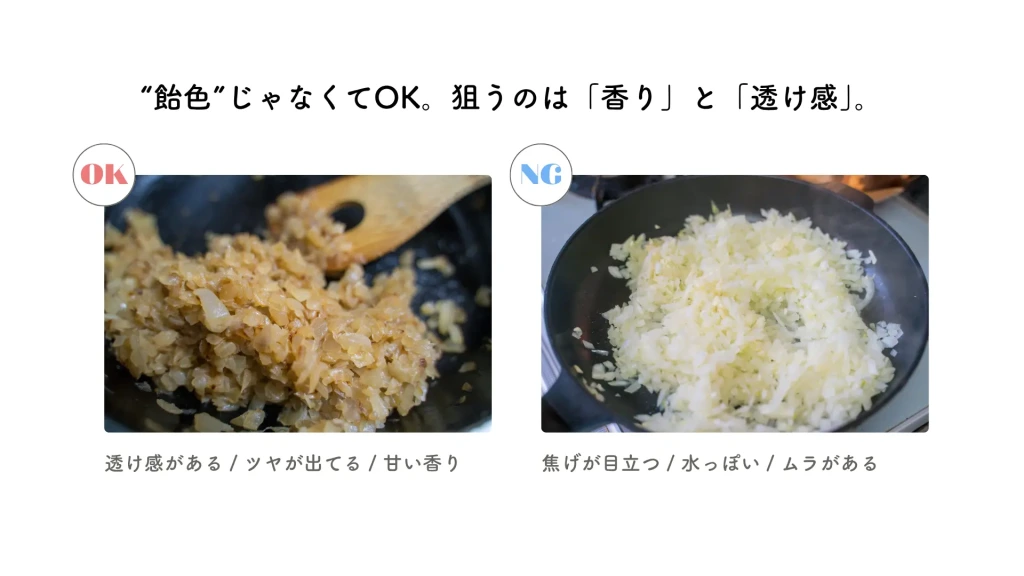 玉ねぎの炒め方の比較表。OKな「透け感」とNGな「焦げ・ムラ」を写真で対比した分かりやすい早見表。