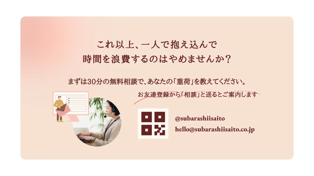 オンライン秘書サービスへの無料相談を案内するCTAスライド。30分相談の案内と連絡先を掲載したナチュラルデザインの問い合わせページ