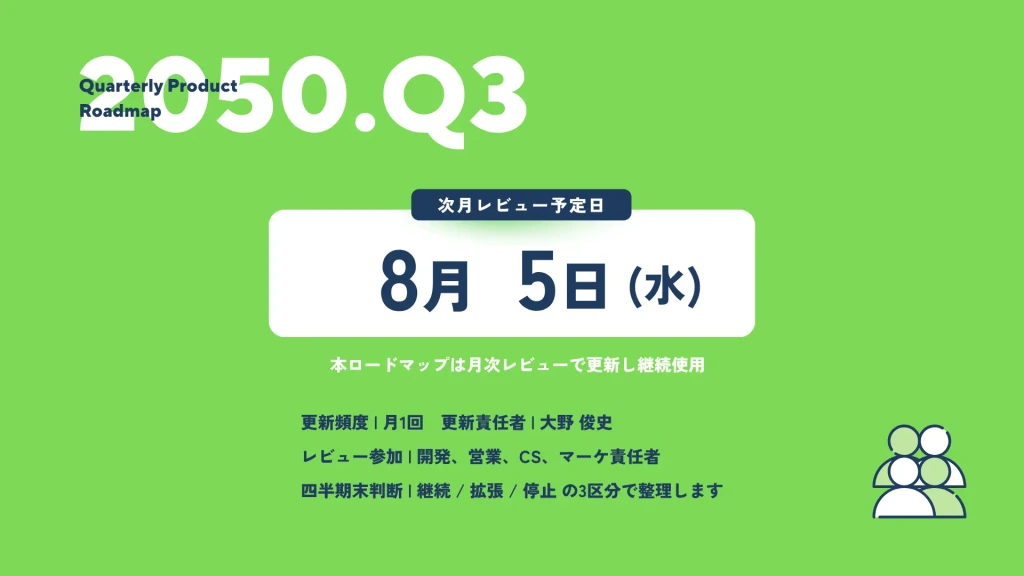 次月レビュー予定ページ 月次レビュー運用ルール・更新責任者・四半期末判断基準