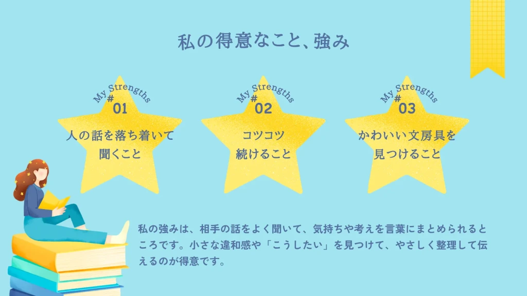 「私の得意なこと、強み」として、話を聞くこと、継続力、文房具探しを3つの数字付きで紹介するCanvaテンプレート。